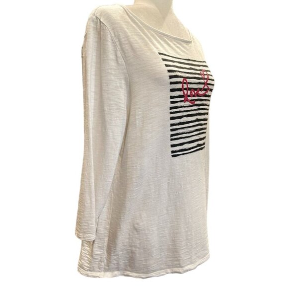 Chicos Large White 3/4 Sleeve Love Print Striped Womens Top T-shirt‎ - Picture 2 of 6